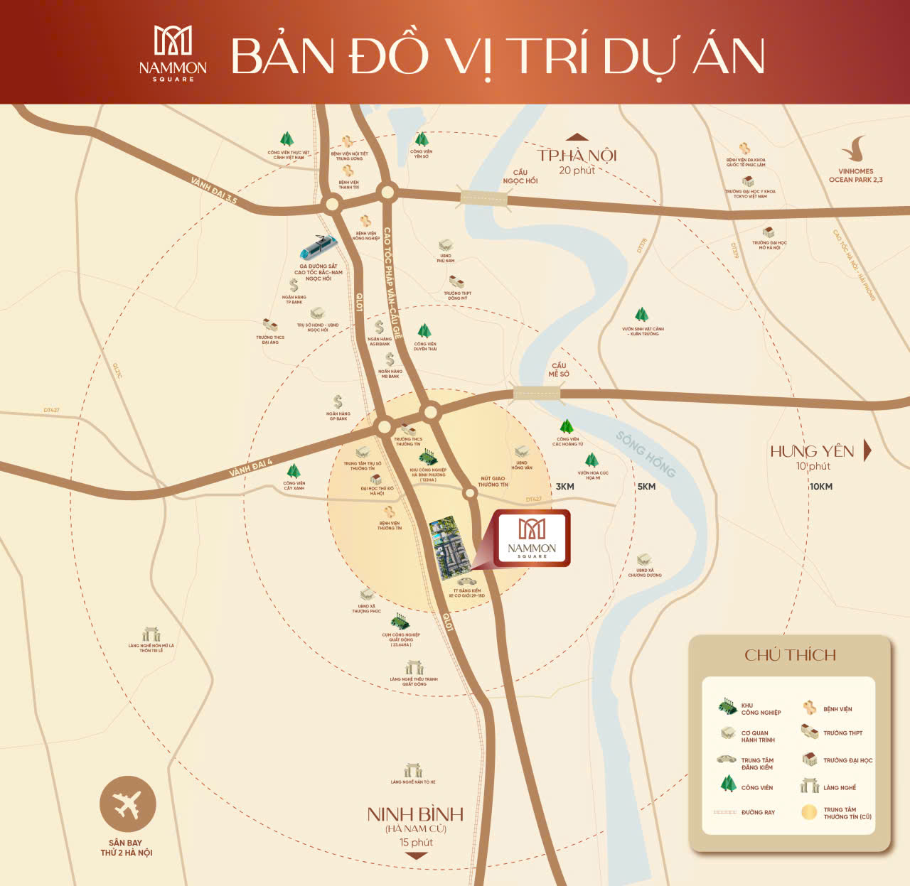 Bản đồ kết nối NamMon Square – QL1A – Vành đai 4 – Pháp Vân – Cầu Giẽ
